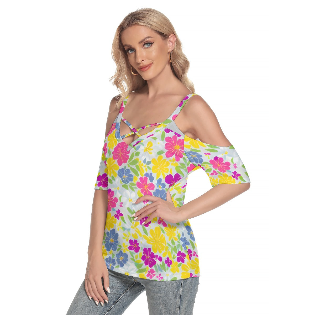 All-Over Print Women's Cold Shoulder T-shirt With Criss Cross Strips