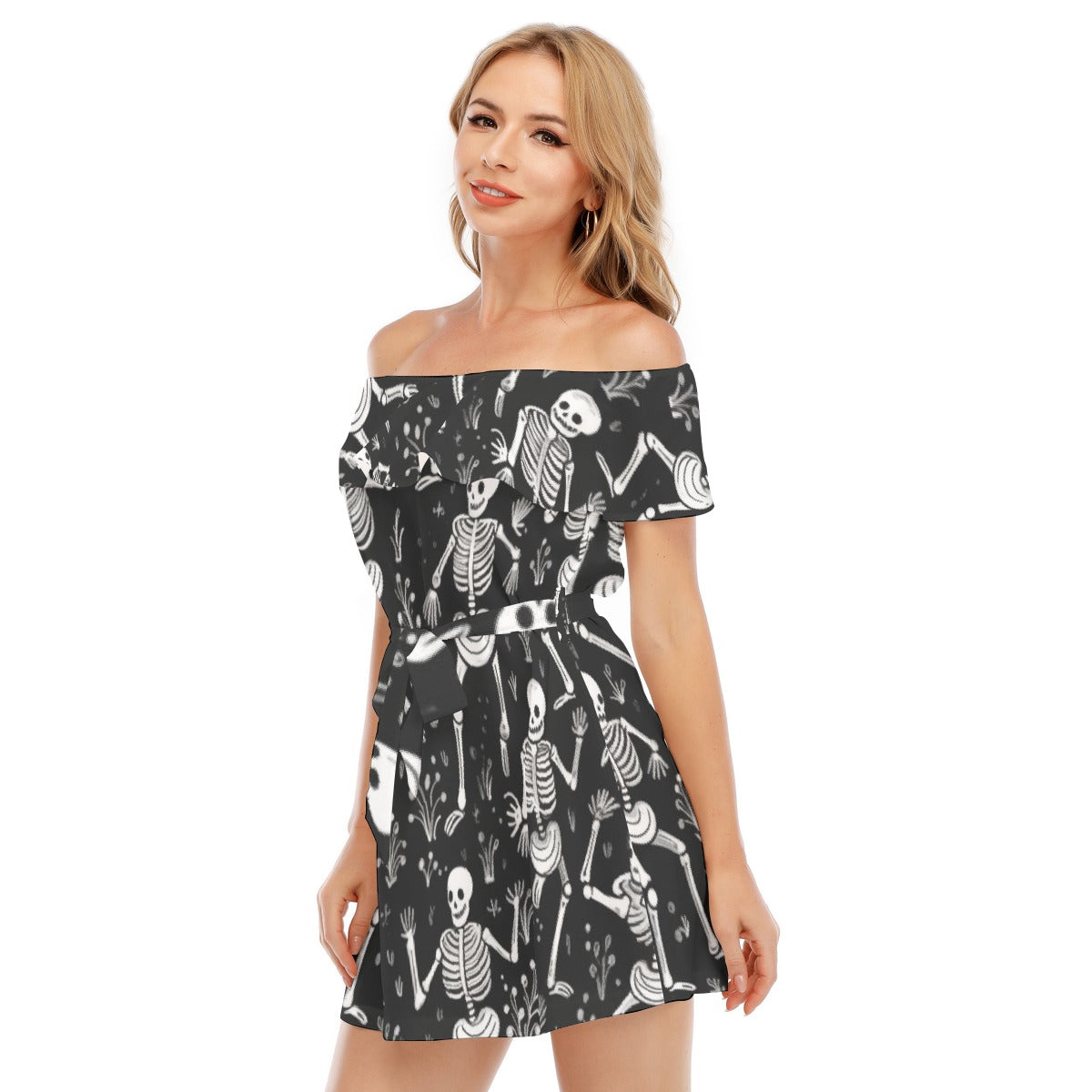 All-Over Print Women's Off-shoulder Dress With Ruffle