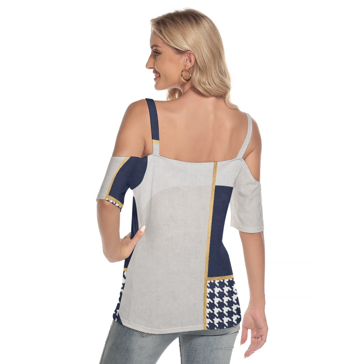 All-Over Print Women's Cold Shoulder T-shirt With Criss Cross Strips