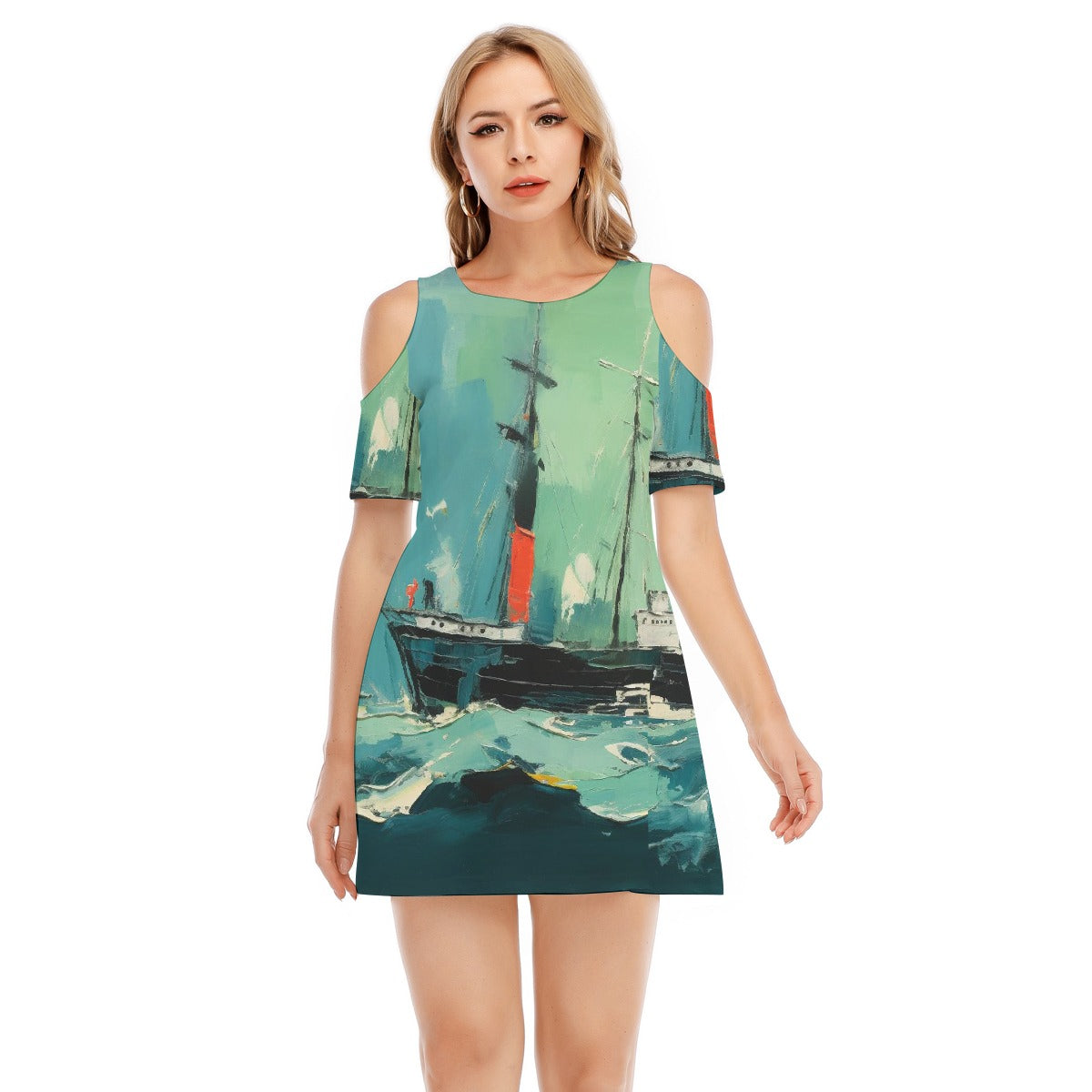 All-Over Print Women's Cold Shoulder Dress | 190GSM Cotton