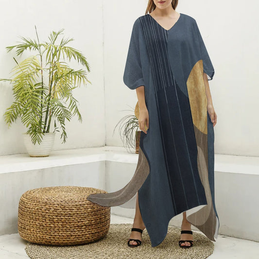 All-Over Print Women's Imitation Silk V-neck Kaftan Robe