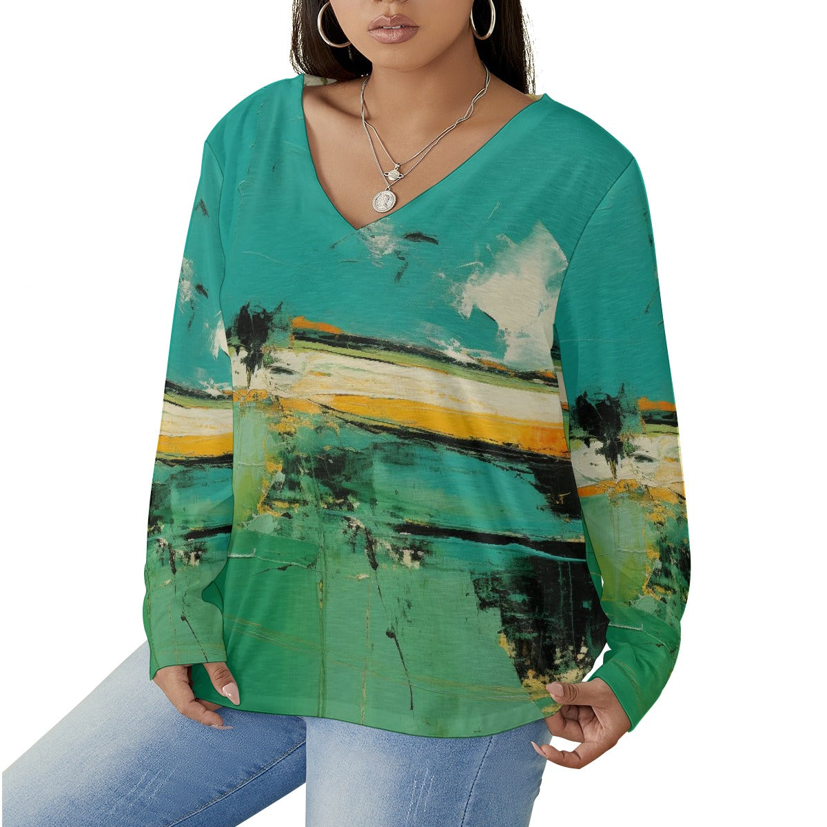 All-Over Print Women's V-neck T-shirt With Curved Hem(Plus Size)