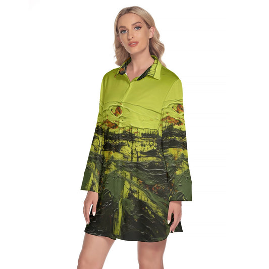 All-Over Print Women's Lapel Shirt Dress With Long Sleeve