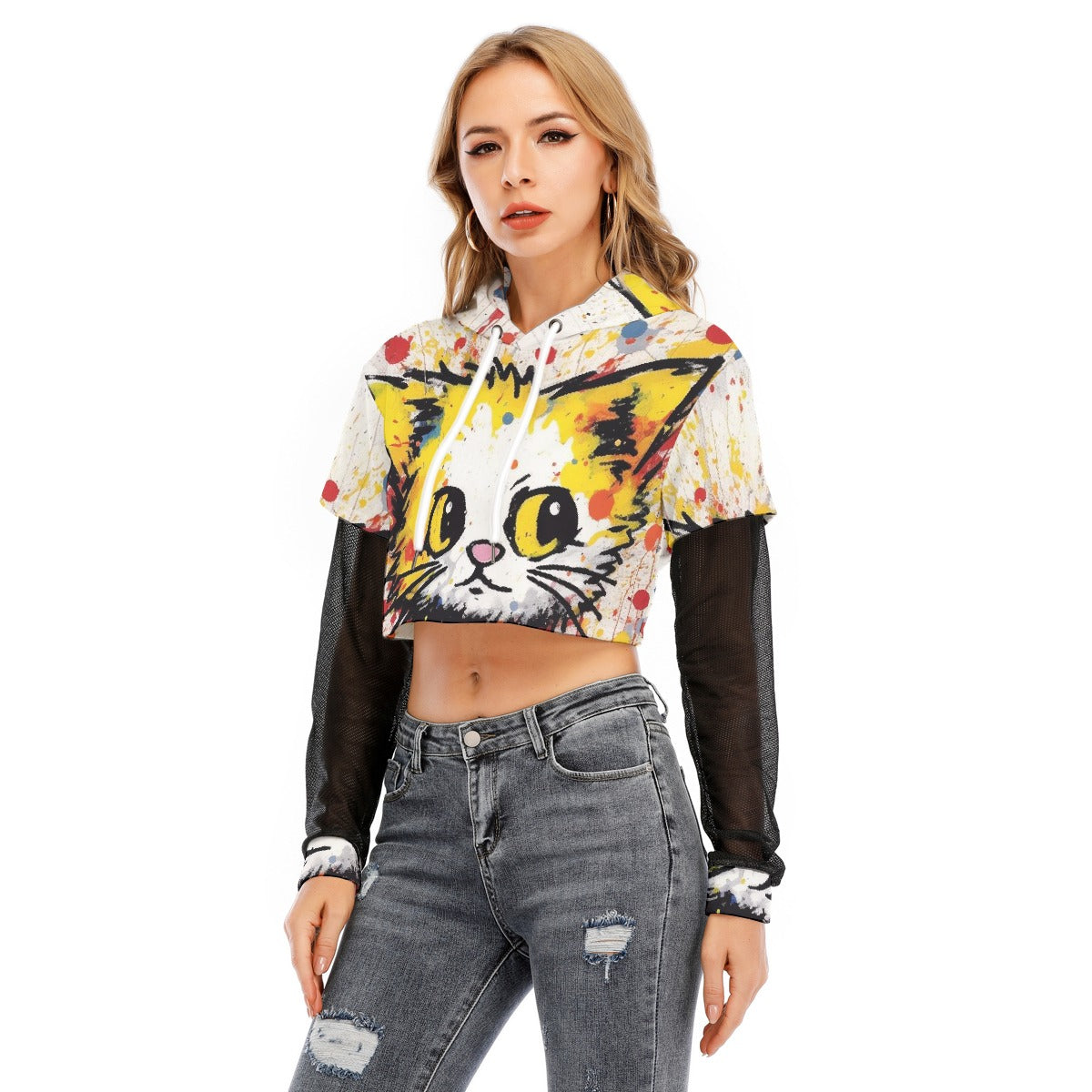 All-Over Print Women's Fake Two-piece Mesh Sleeve Cropped Hoodie