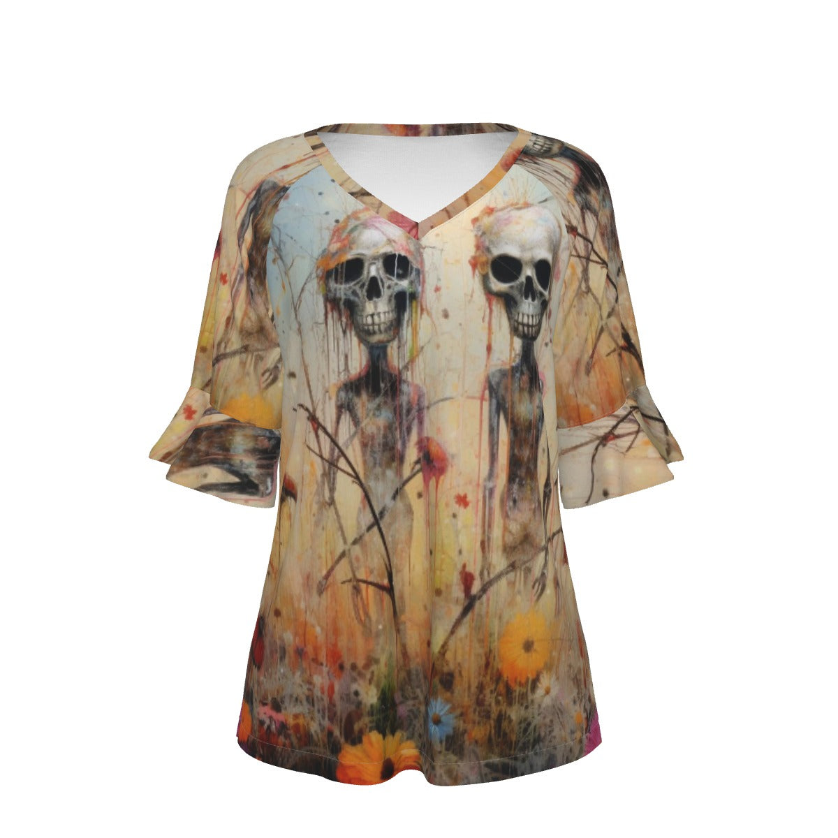 All-Over Print V-neck Women's T-shirt With Bell Sleeve