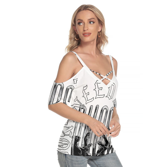 All-Over Print Women's Cold Shoulder T-shirt With Criss Cross Strips