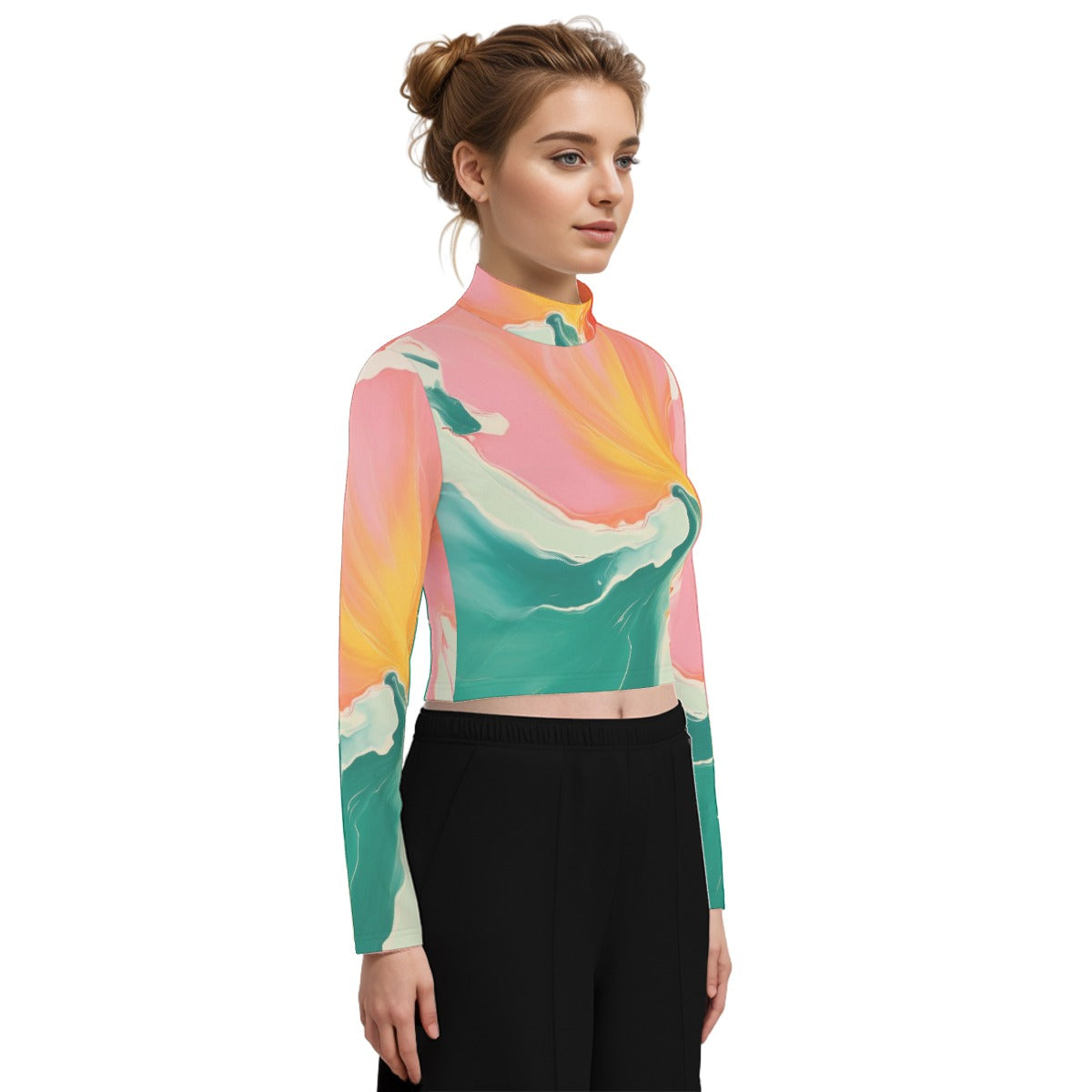 Eco-Friendly All-Over Print Women's Turtleneck T-shirt With Long Sleeve