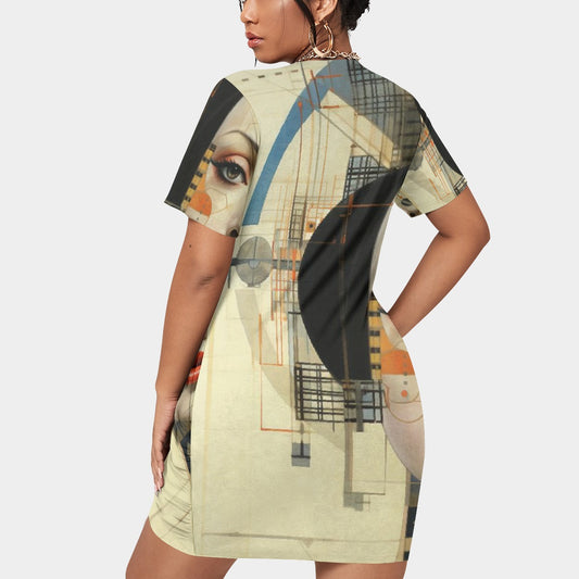 All-Over Print Women’s Stacked Hem Dress With Short Sleeve（Plus Size）