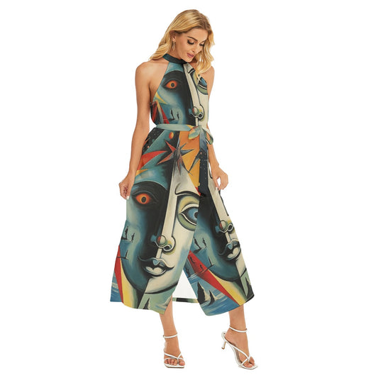 All-Over Print Women's Wrap Hem Belted Halter Dress