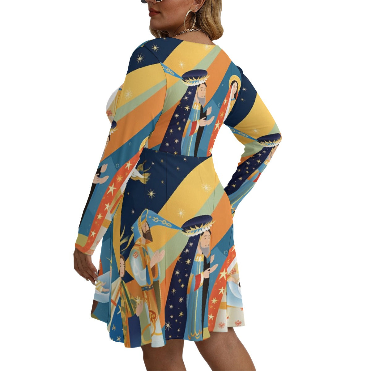 All-Over Print Women's V-neck Long Sleeve Dress(Plus Size)