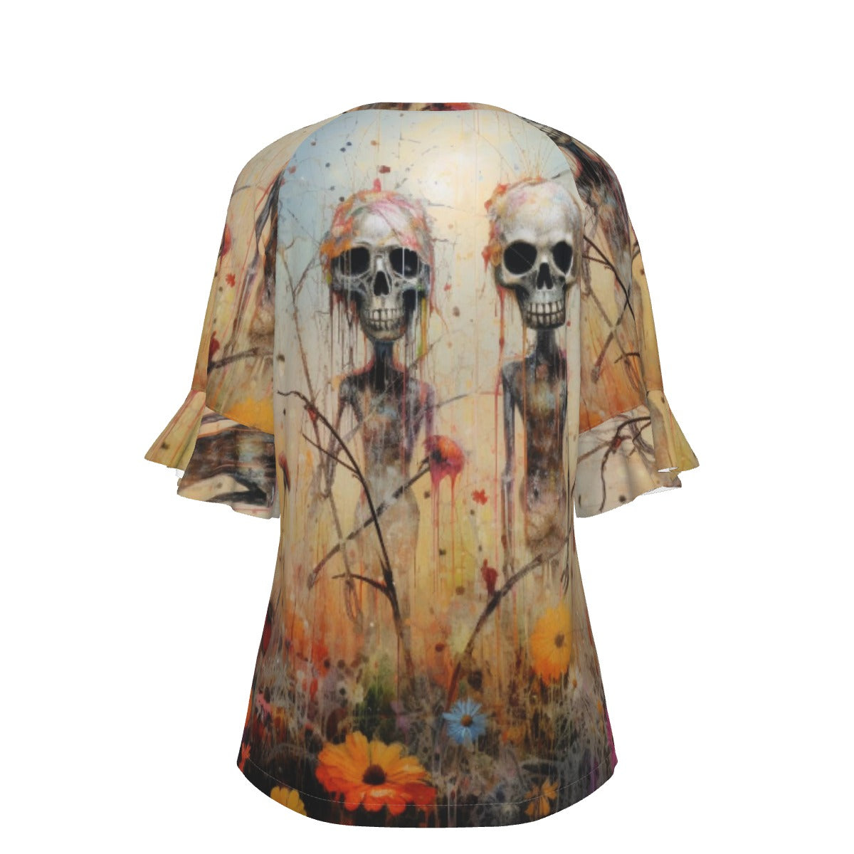 All-Over Print V-neck Women's T-shirt With Bell Sleeve