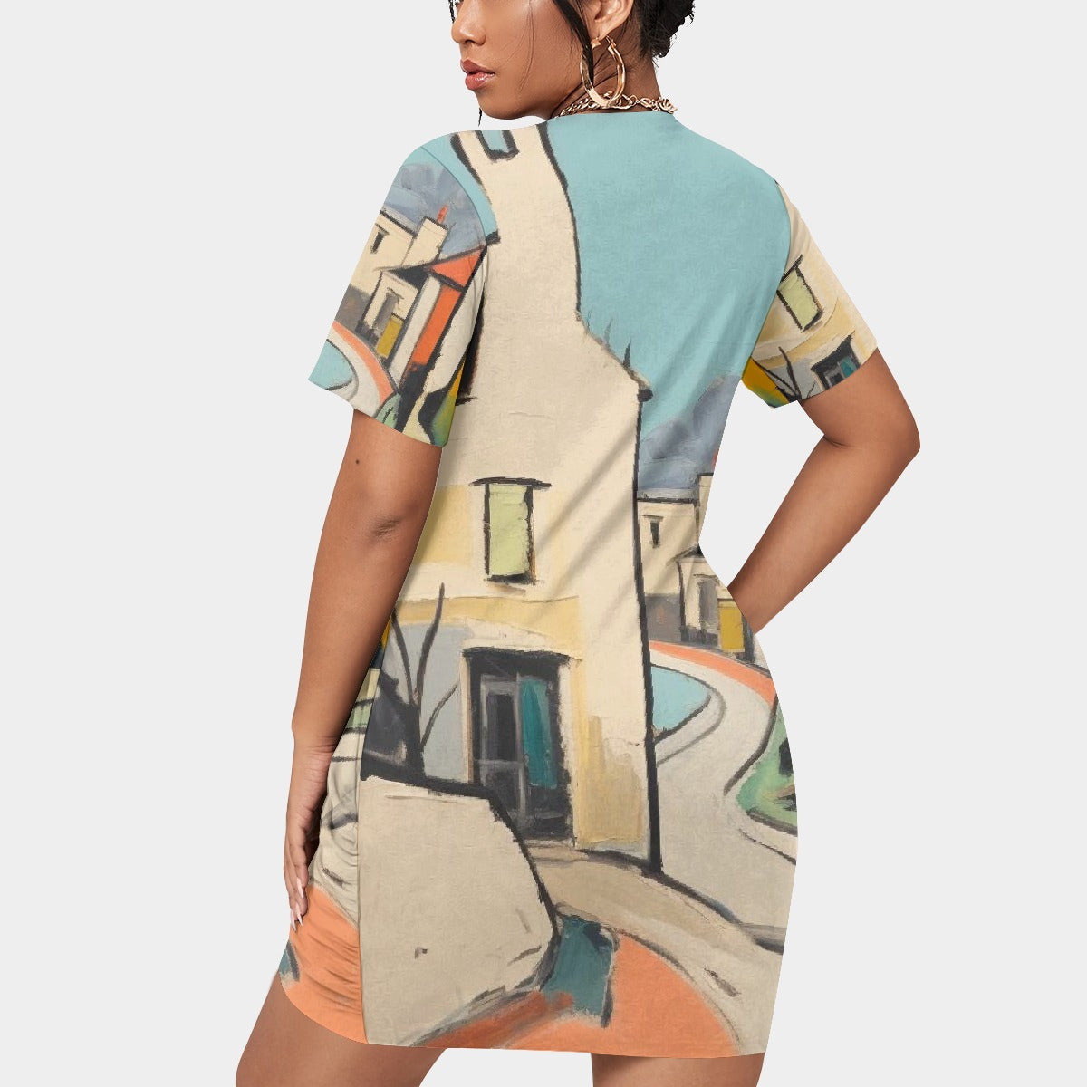 All-Over Print Women’s Stacked Hem Dress With Short Sleeve（Plus Size）