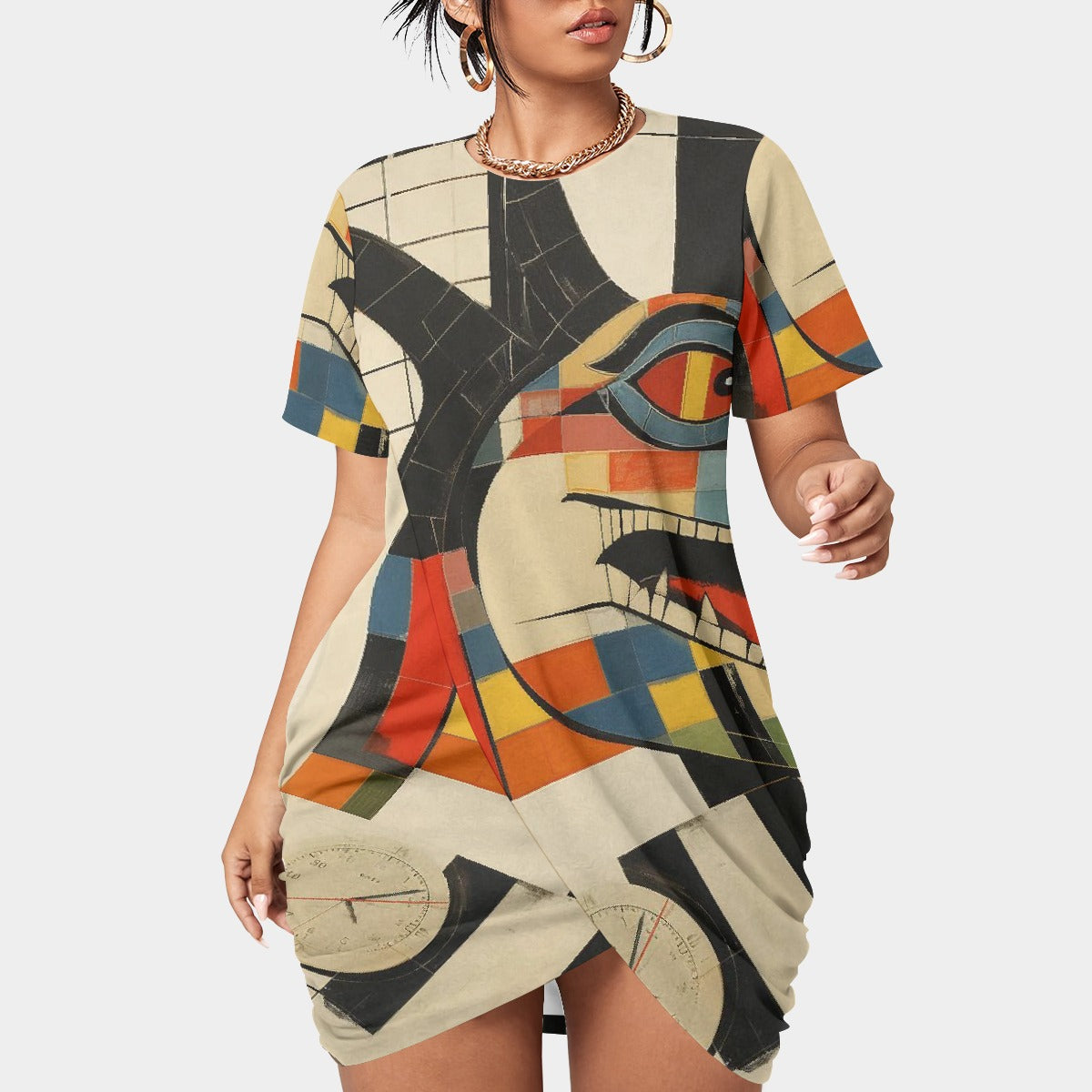 All-Over Print Women’s Stacked Hem Dress With Short Sleeve（Plus Size）