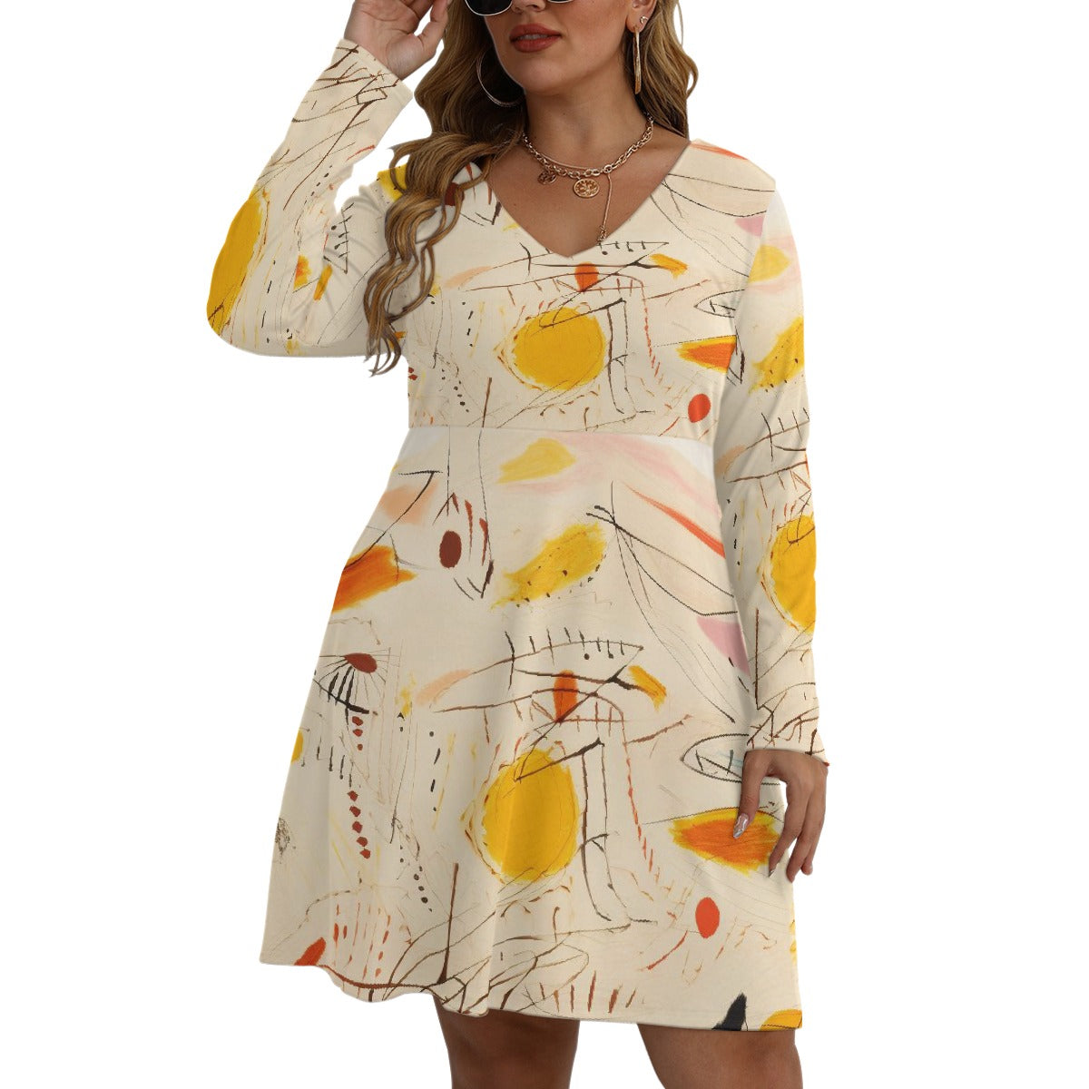 All-Over Print Women's V-neck Long Sleeve Dress(Plus Size)