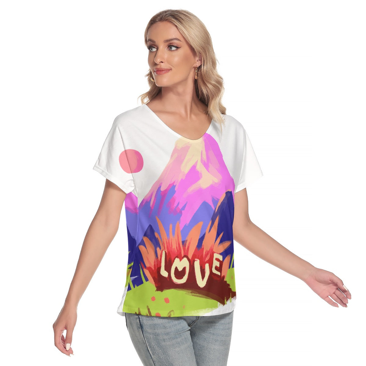 All-Over Print Women's Loose V-neck Short Sleeve T-shirt