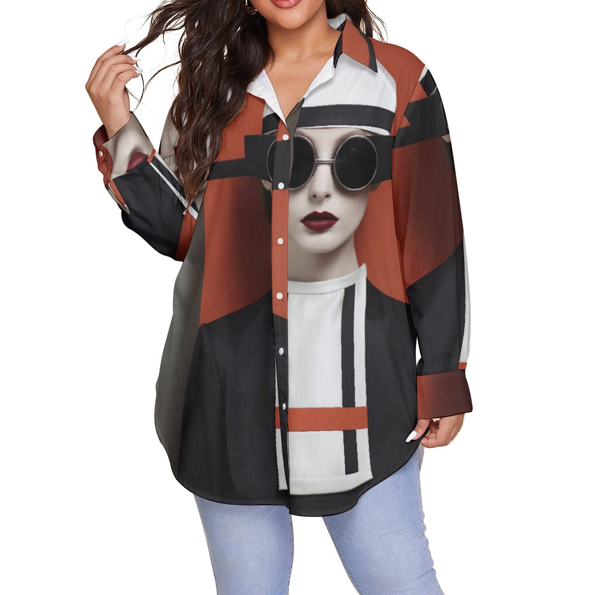 All-Over Print Women's Shirt With Long Sleeve(Plus Size)