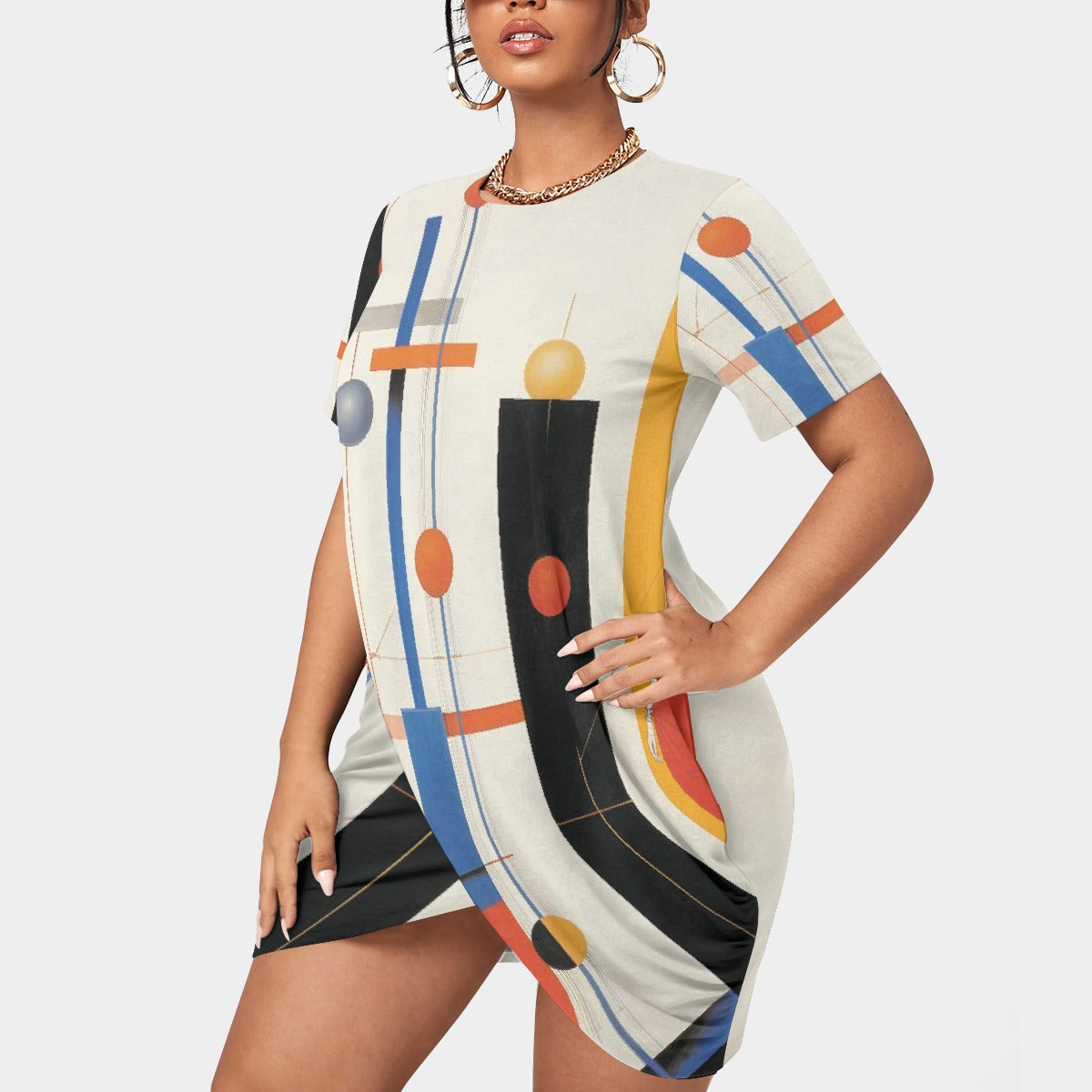 All-Over Print Women’s Stacked Hem Dress With Short Sleeve（Plus Size）