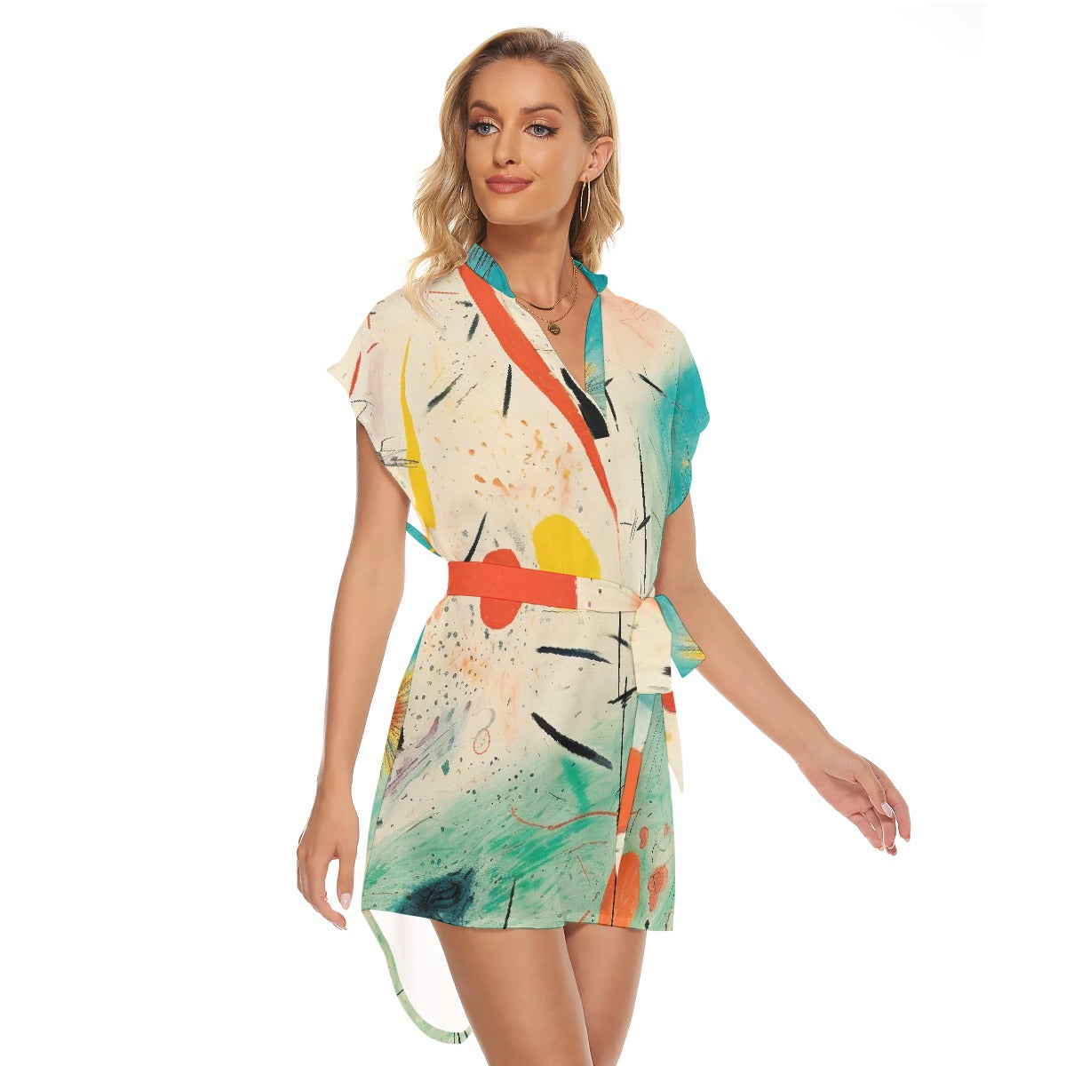 All-Over Print Women's Stand-up Collar Casual Dress With Belt