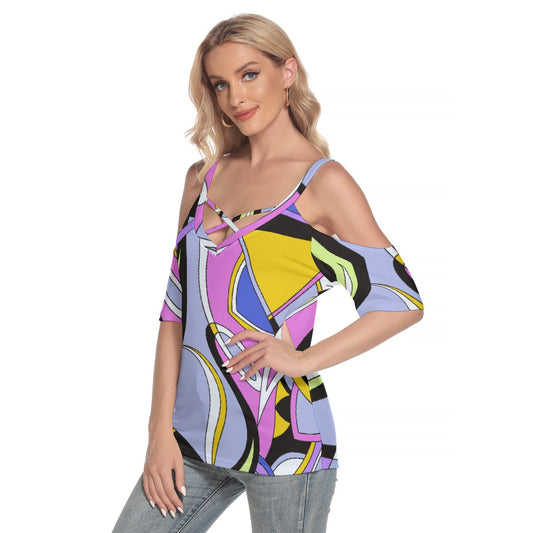 All-Over Print Women's Cold Shoulder T-shirt With Criss Cross Strips