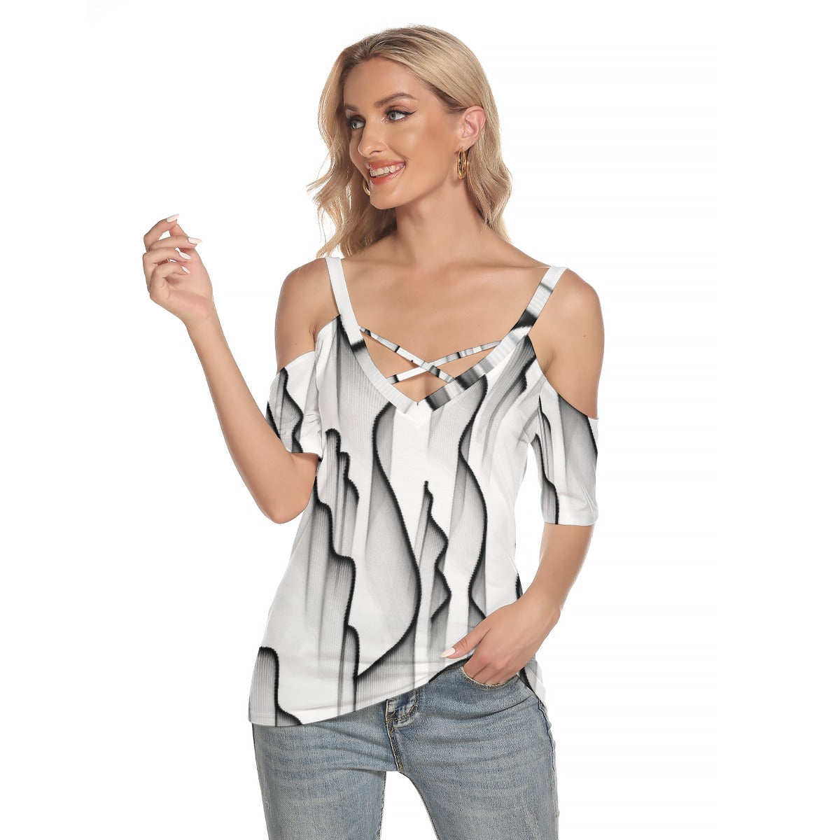 All-Over Print Women's Cold Shoulder T-shirt With Criss Cross Strips