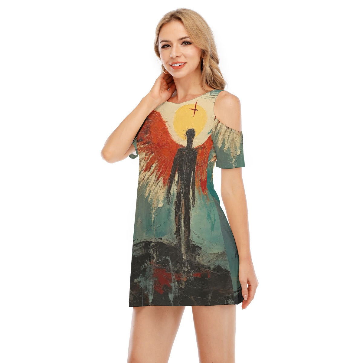 All-Over Print Women's Cold Shoulder Dress | 190GSM Cotton