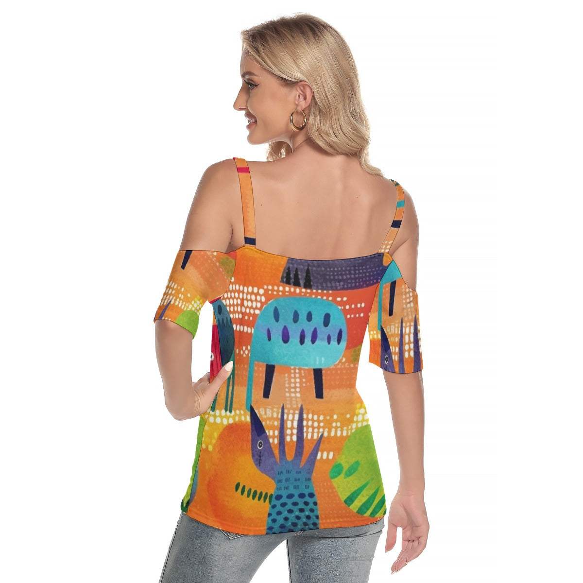 All-Over Print Women's Cold Shoulder T-shirt With Criss Cross Strips