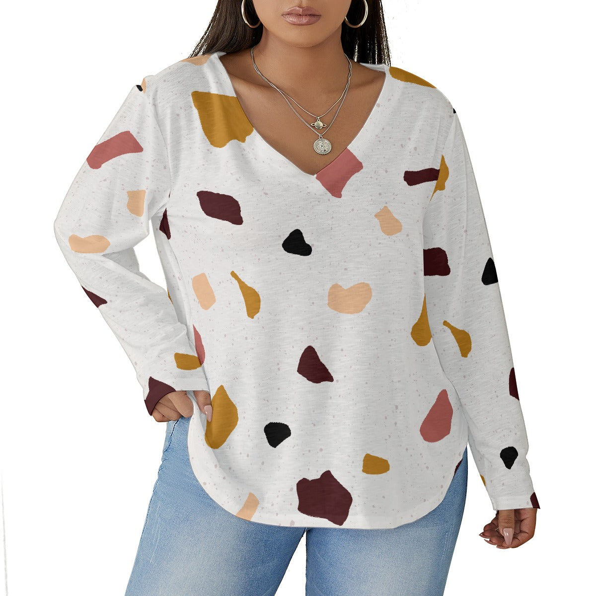 All-Over Print Women's V-neck T-shirt With Curved Hem(Plus Size)