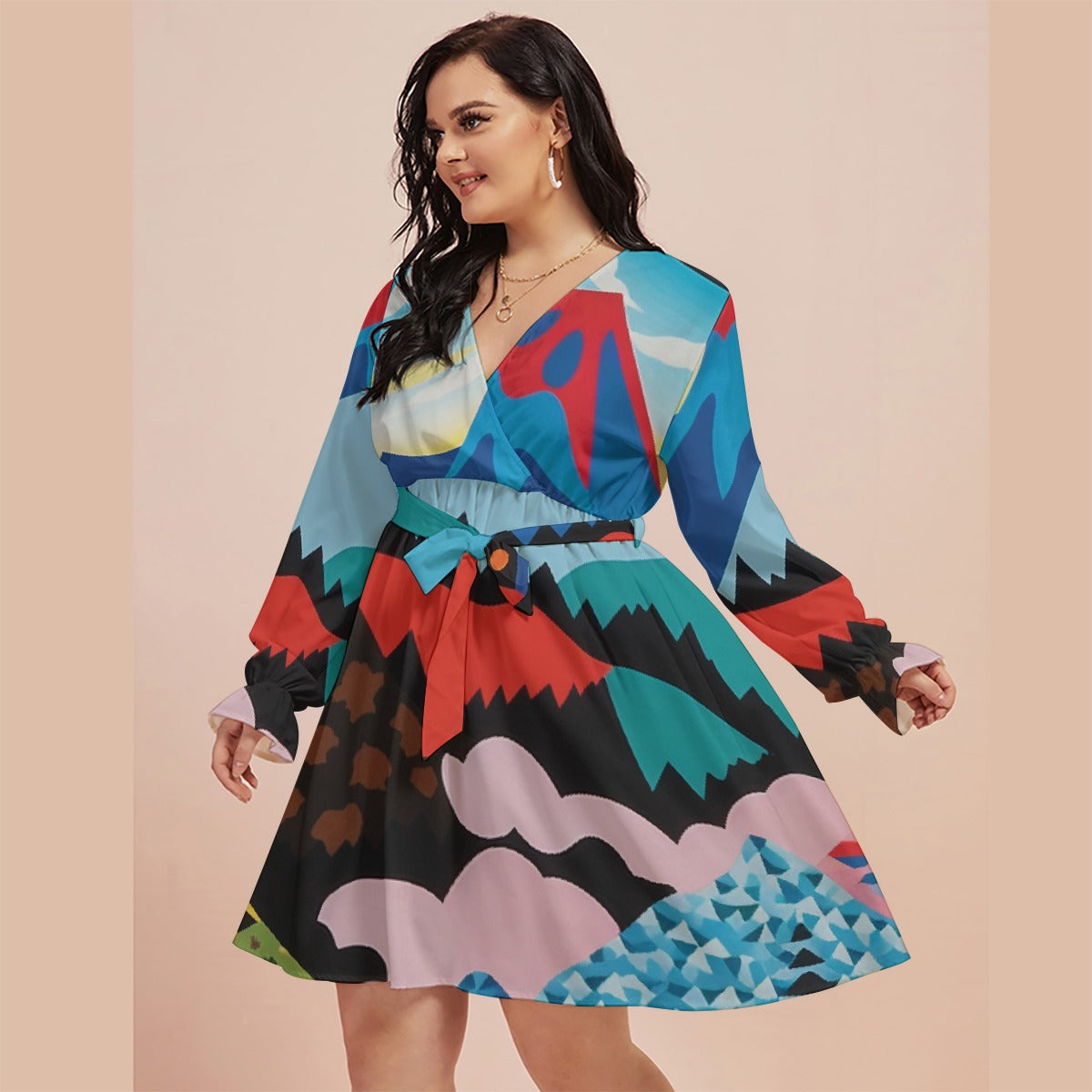 All-Over Print Women's V-neck Dress With Waistband(Plus Size)