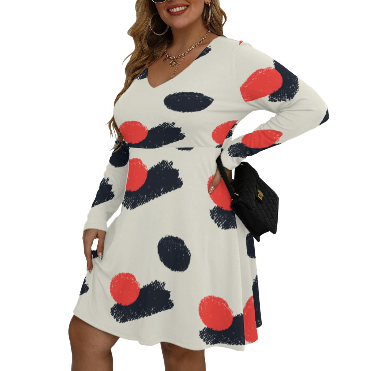 All-Over Print Women's V-neck Long Sleeve Dress(Plus Size)