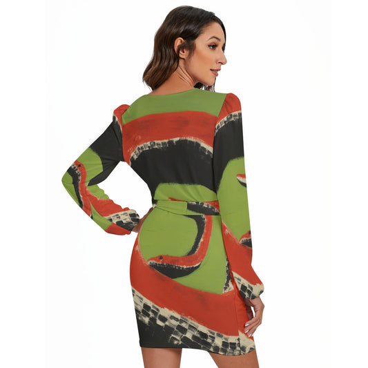 All-Over Print Women's Long Sleeve Dress With Waist Belt