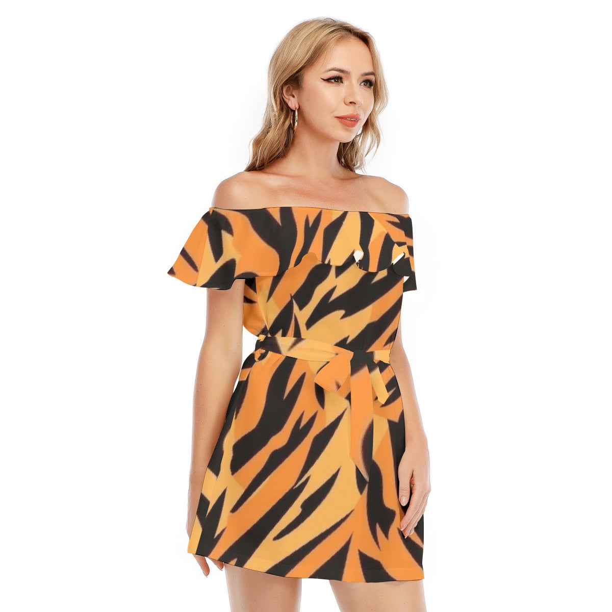 All-Over Print Women's Off-shoulder Dress With Ruffle