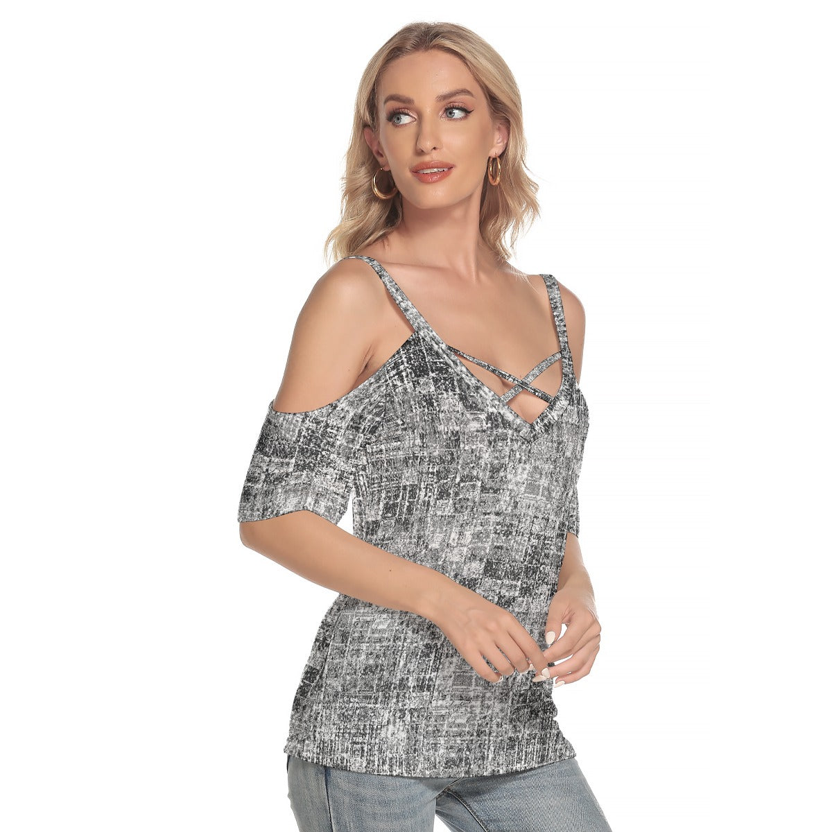 All-Over Print Women's Cold Shoulder T-shirt With Criss Cross Strips