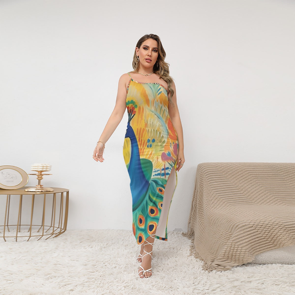 All-Over Print Women's Oblique-Shoulder Exposure Dress With Side Split (Plus Size)