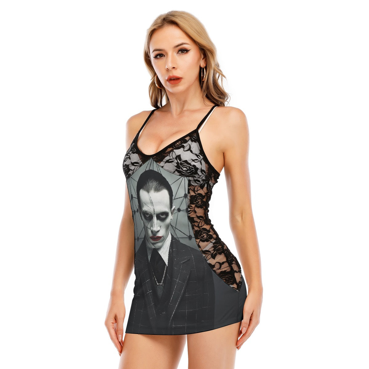 All-Over Print Women's Black Lace Cami Dress