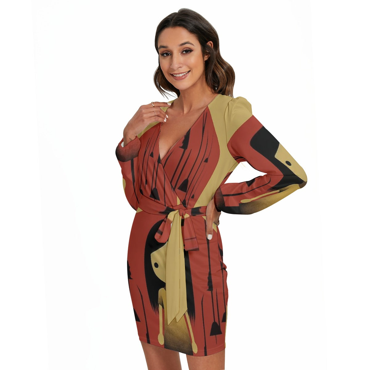 All-Over Print Women's Long Sleeve Dress With Waist Belt