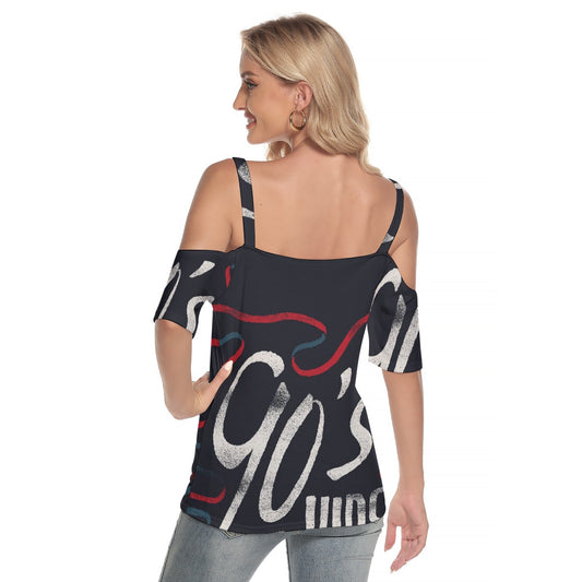 All-Over Print Women's Cold Shoulder T-shirt With Criss Cross Strips