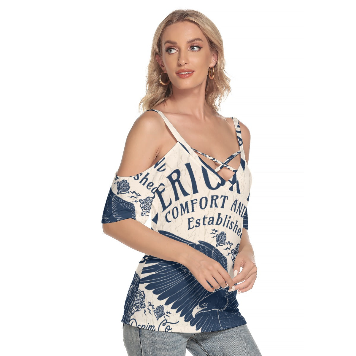 All-Over Print Women's Cold Shoulder T-shirt With Criss Cross Strips