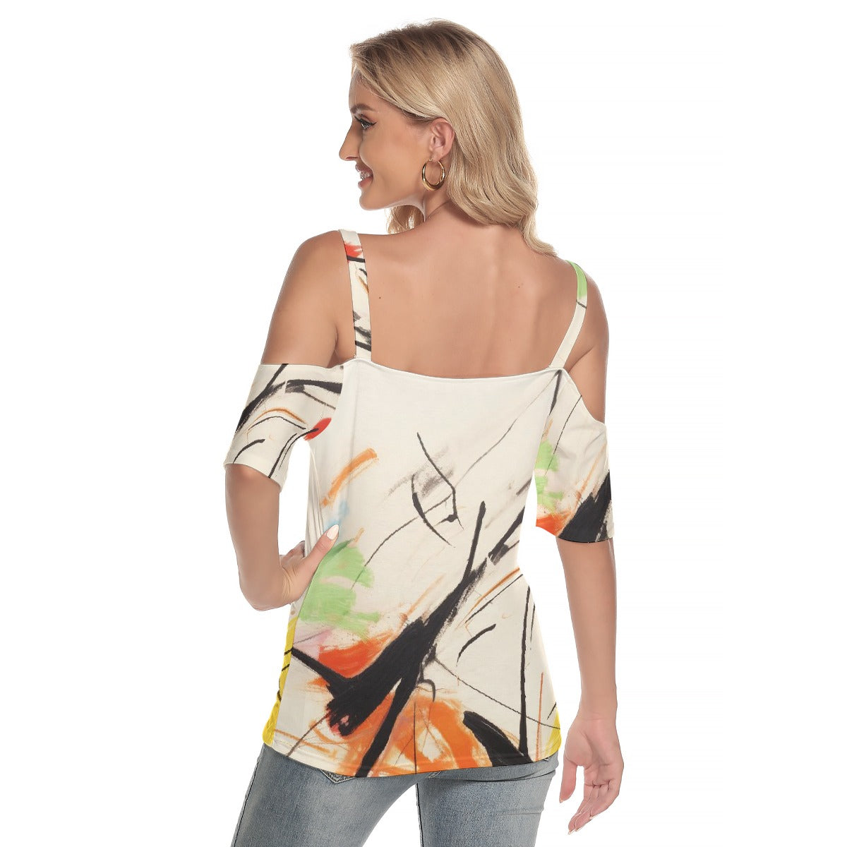 All-Over Print Women's Cold Shoulder T-shirt With Criss Cross Strips