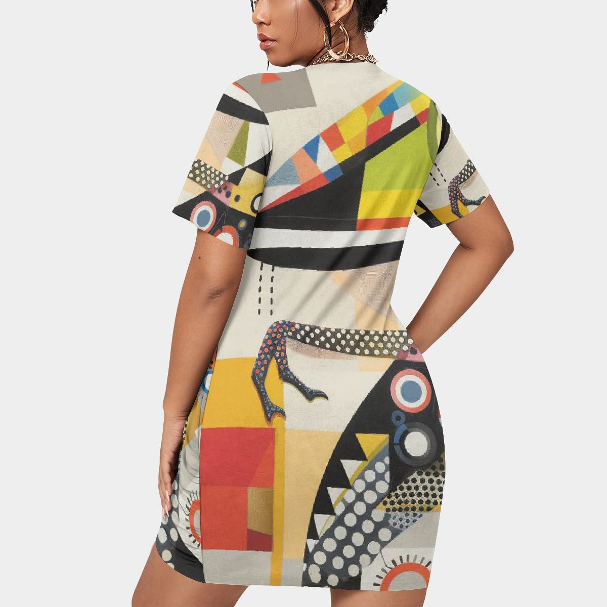 All-Over Print Women’s Stacked Hem Dress With Short Sleeve（Plus Size）