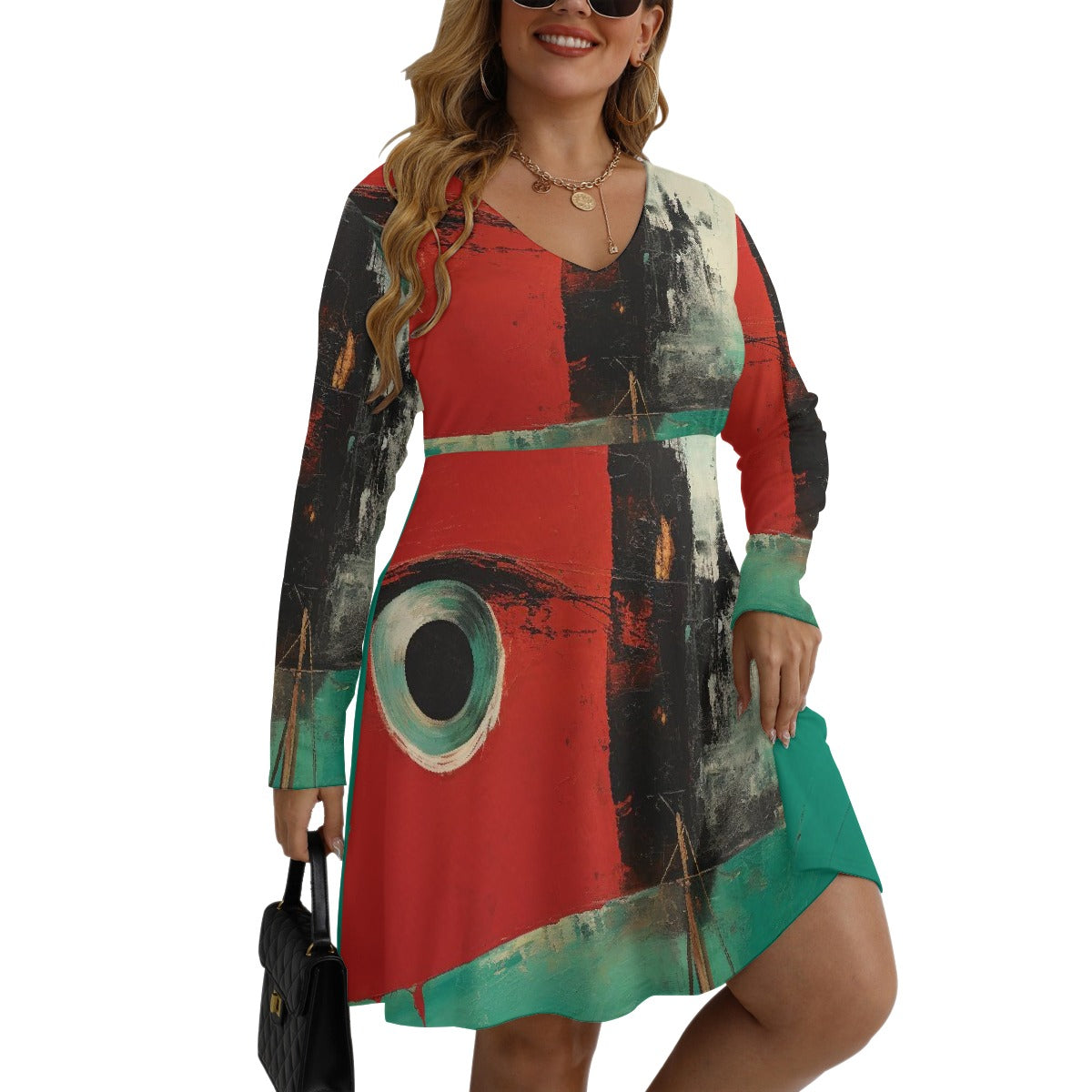 All-Over Print Women's V-neck Long Sleeve Dress(Plus Size)