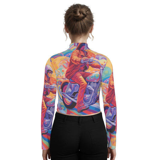 Eco-Friendly All-Over Print Women's Turtleneck T-shirt With Long Sleeve