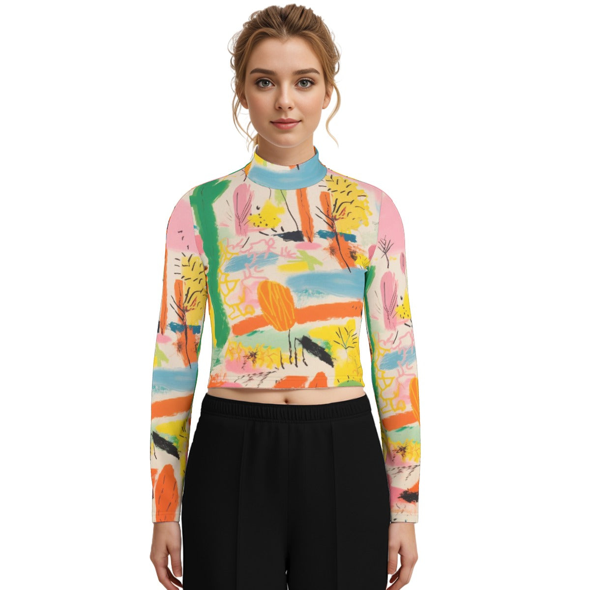 Eco-Friendly All-Over Print Women's Turtleneck T-shirt With Long Sleeve