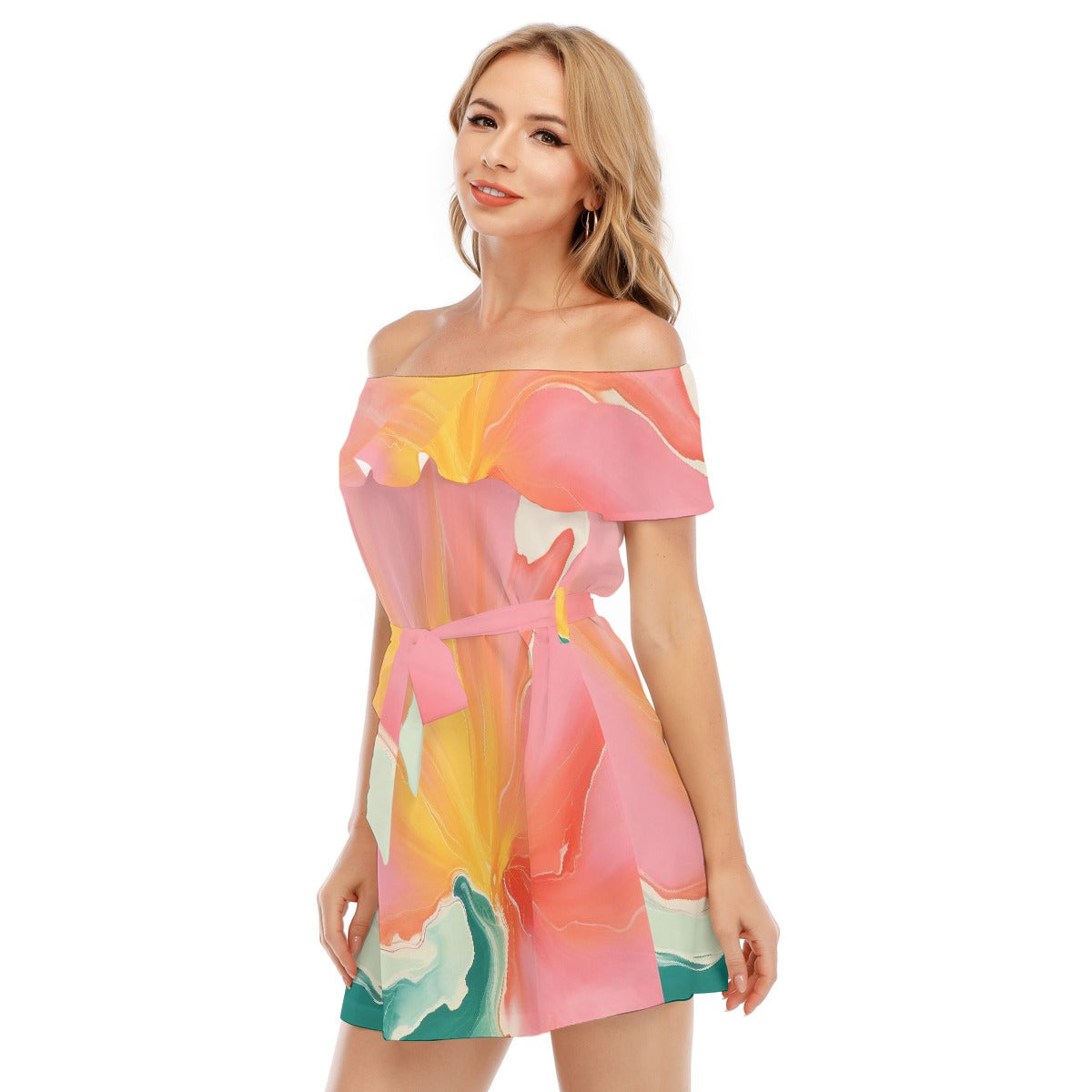 All-Over Print Women's Off-shoulder Dress With Ruffle