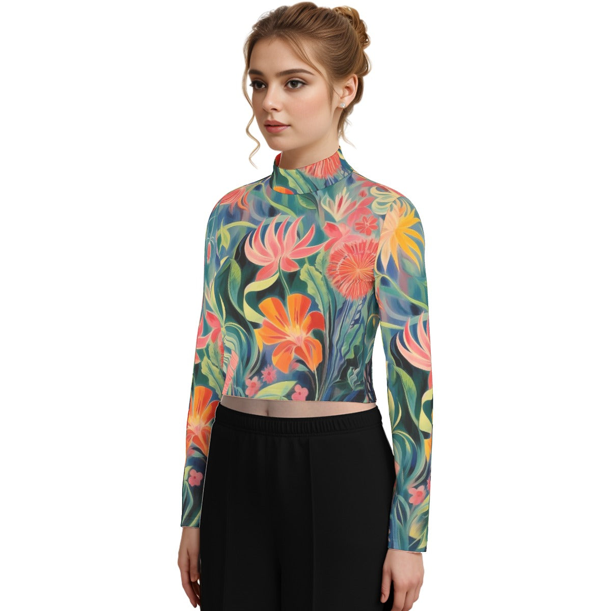 Eco-Friendly All-Over Print Women's Turtleneck T-shirt With Long Sleeve