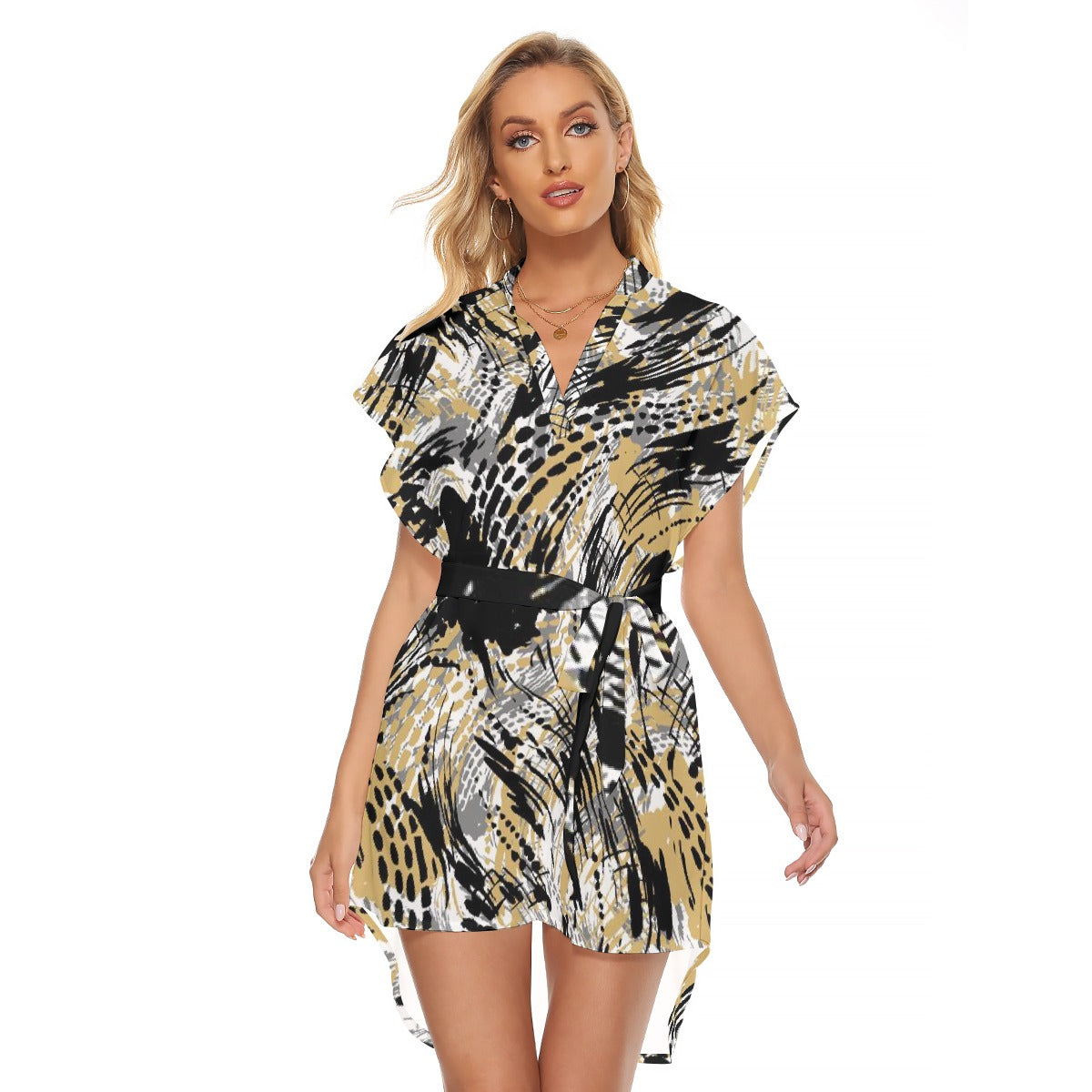 All-Over Print Women's Stand-up Collar Casual Dress With Belt