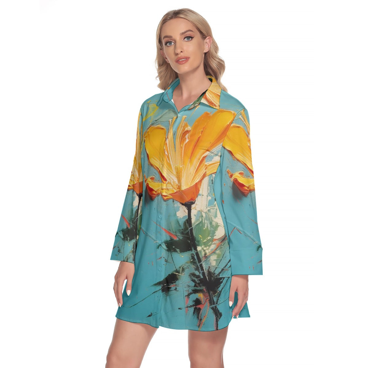 All-Over Print Women's Lapel Shirt Dress With Long Sleeve