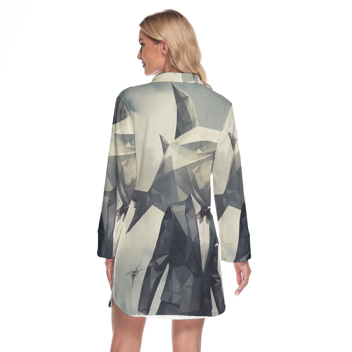 All-Over Print Women's Lapel Shirt Dress With Long Sleeve