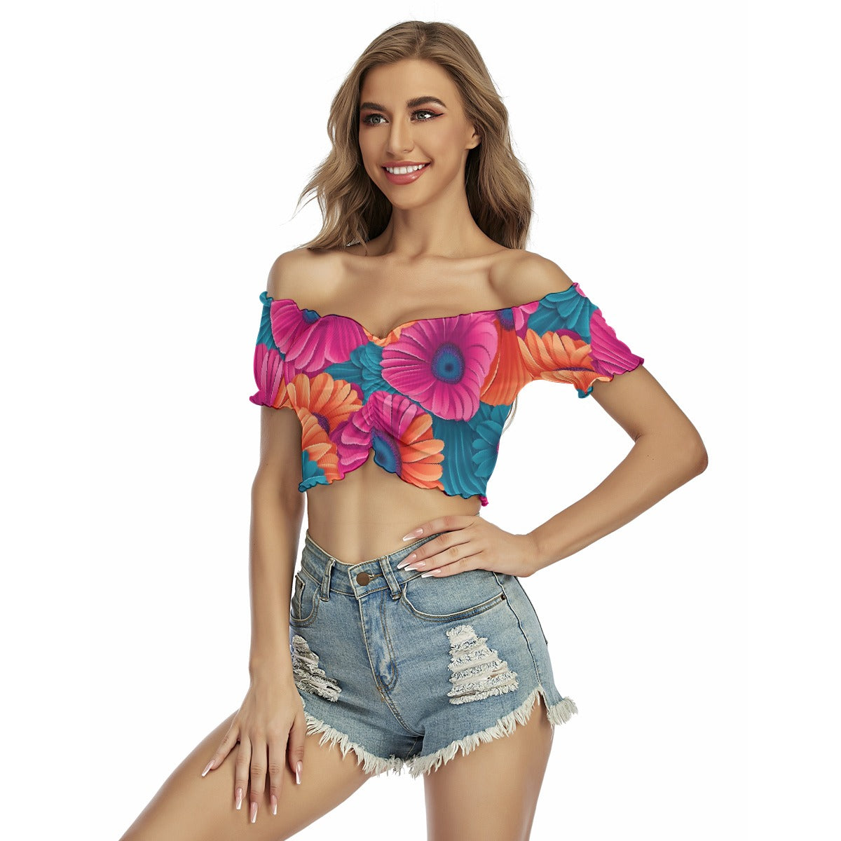 All-Over Print Women's One-shoulder Off-the-navel Short Sleeve T-shirt