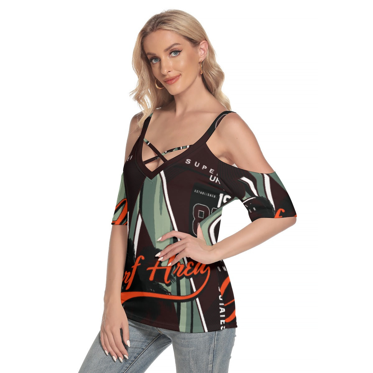 All-Over Print Women's Cold Shoulder T-shirt With Criss Cross Strips