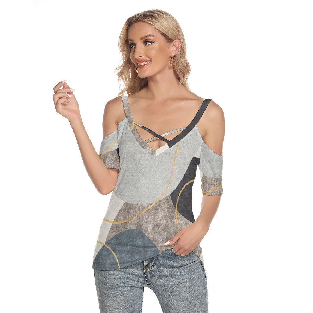 All-Over Print Women's Cold Shoulder T-shirt With Criss Cross Strips